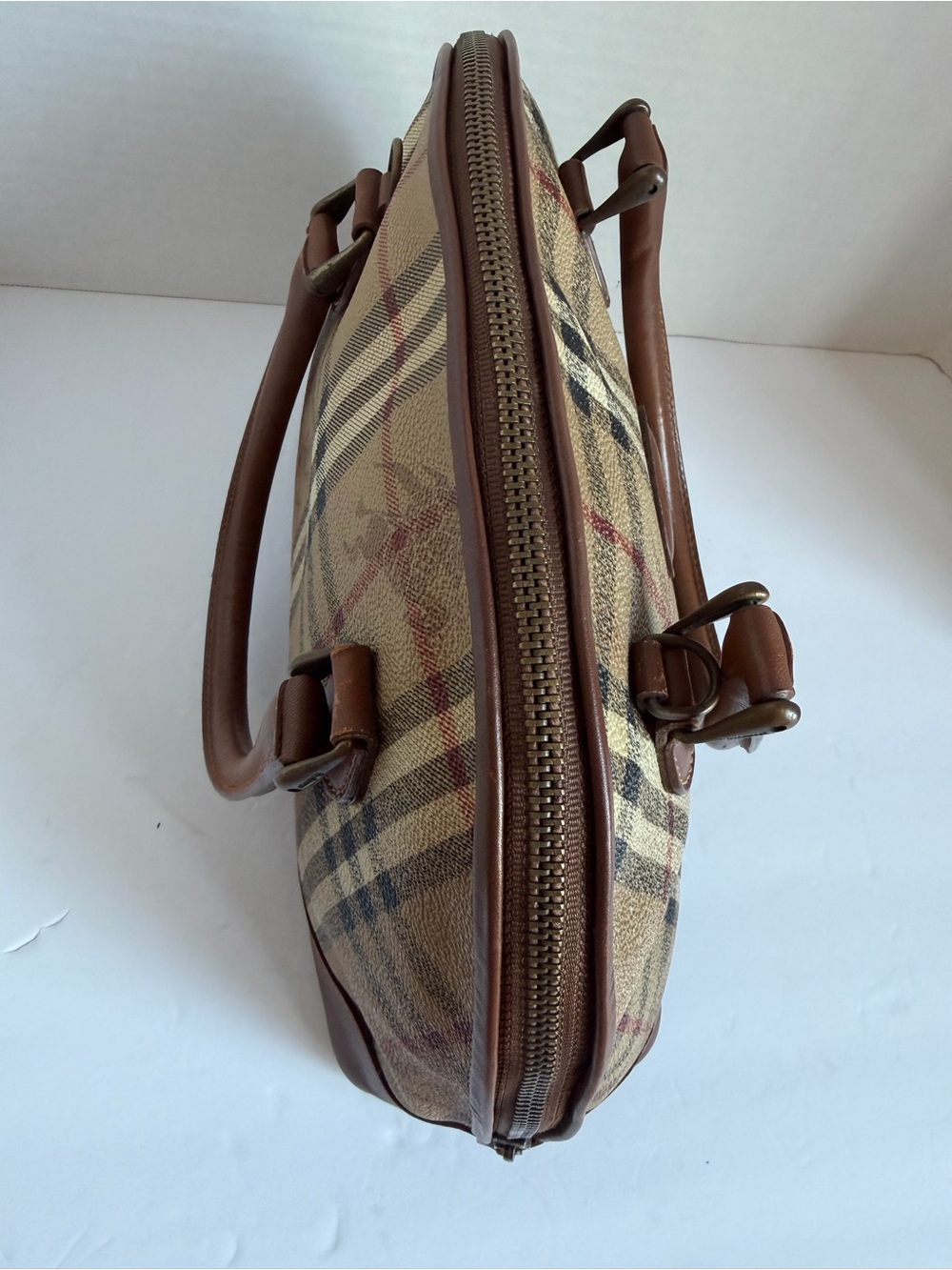 Burberry Beige Plaid Dome Satchel with Brown Leather Trim - Picture 6 of 13
